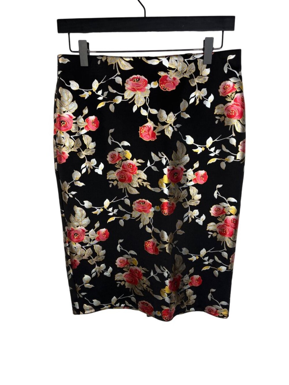 NYCC Pencil Skirt Womens Small Black Red Floral Metallic Stretch